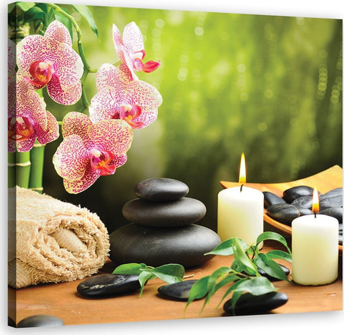 Quadro-su-tela,-Candele-di-orchidee-e-pietre-zen