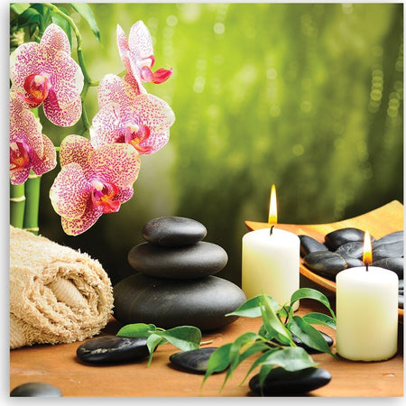 Quadro-su-tela,-Candele-di-orchidee-e-pietre-zen