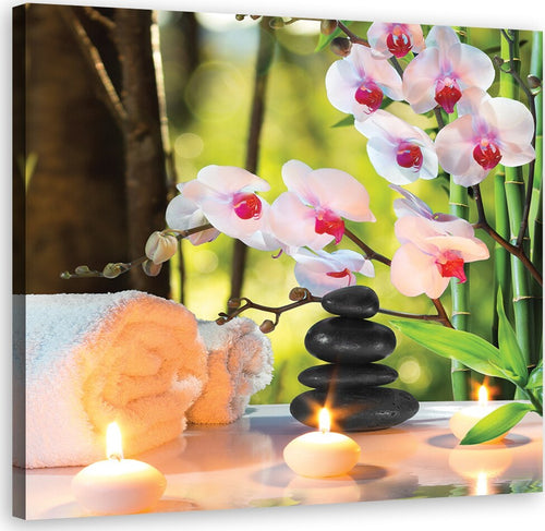 Quadro-su-tela,-Candele-spa-e-fiori-di-orchidea