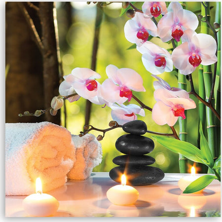 Quadro-su-tela,-Candele-spa-e-fiori-di-orchidea