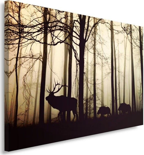 Quadro-su-tela,-Cervi-nella-foresta-Nebbia-Marrone