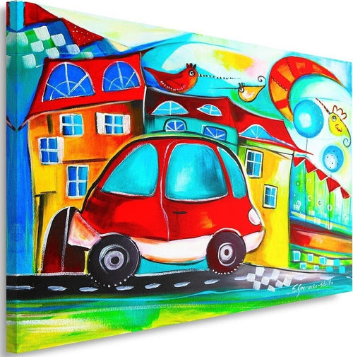 Quadro-su-tela,-Città-colorata-auto-rossa