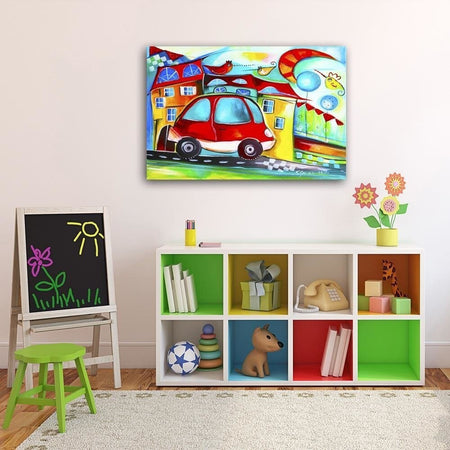 Quadro-su-tela,-Città-colorata-auto-rossa