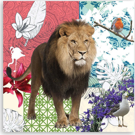 Quadro-su-tela,-Collage-di-leone-e-uccelli