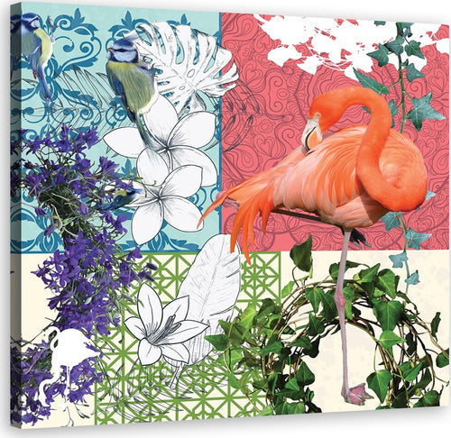 Quadro-su-tela,-Collage-fiammeggiante-e-uccelli