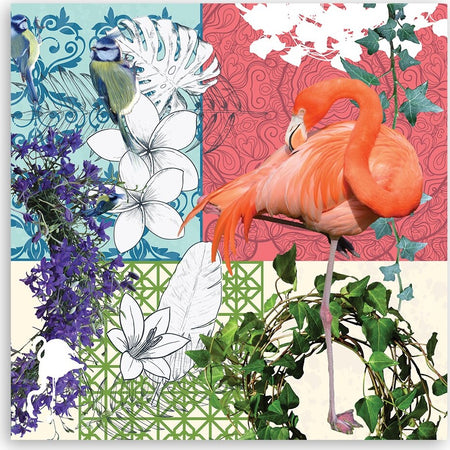 Quadro-su-tela,-Collage-fiammeggiante-e-uccelli