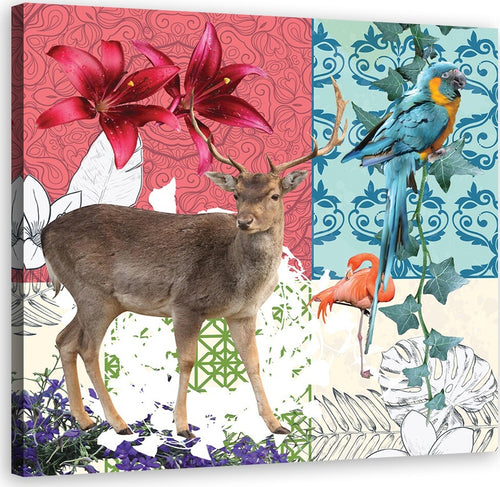 Quadro-su-tela,-Collage-fiammeggiante-Jeleń-Papuga