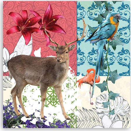 Quadro-su-tela,-Collage-fiammeggiante-Jeleń-Papuga