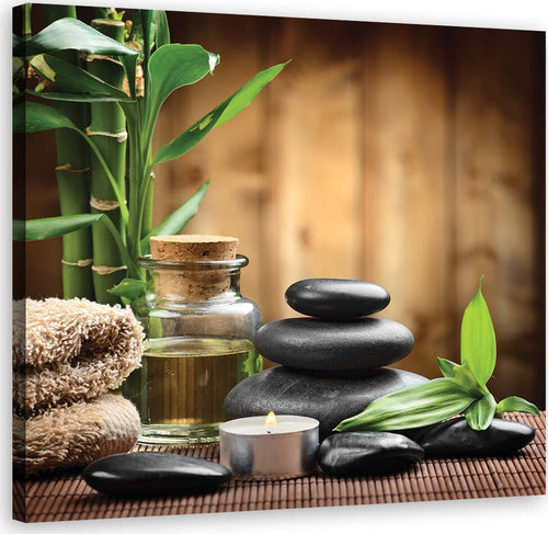 Quadro-su-tela,-Composizione-di-zen-da-pietre-nere-e-bambù