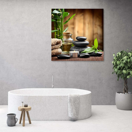 Quadro-su-tela,-Composizione-di-zen-da-pietre-nere-e-bambù