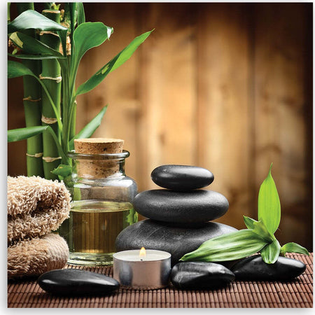 Quadro-su-tela,-Composizione-di-zen-da-pietre-nere-e-bambù