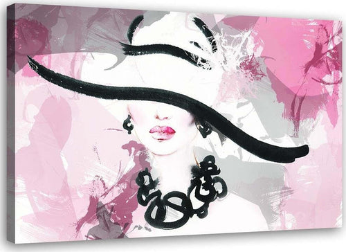 Quadro-su-tela,-Donna-con-cappello-rosa