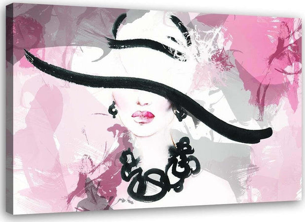 Quadro-su-tela,-Donna-con-cappello-rosa