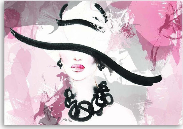 Quadro-su-tela,-Donna-con-cappello-rosa
