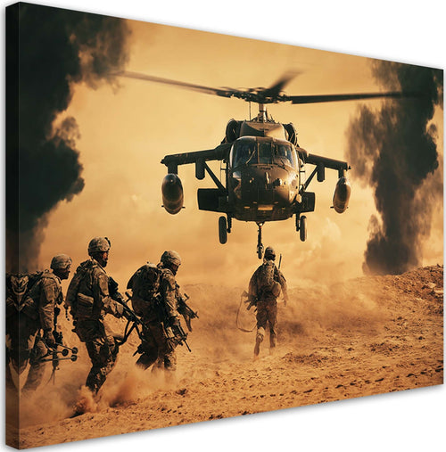 Quadro-su-tela,-Elicottero-e-soldati-in-missione