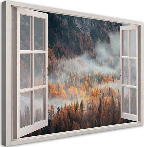 Quadro-su-tela,-Finestra-autunnale-della-nebbia-in-montagna