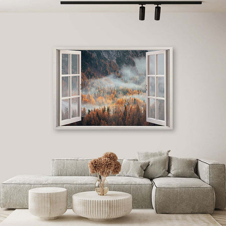 Quadro-su-tela,-Finestra-autunnale-della-nebbia-in-montagna