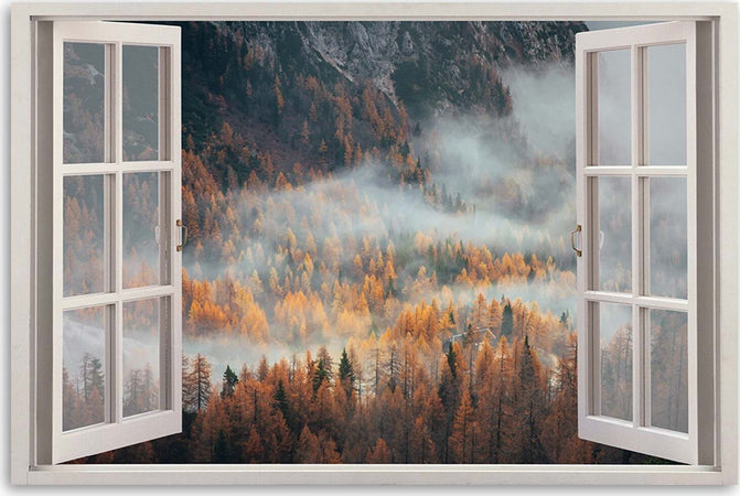 Quadro-su-tela,-Finestra-autunnale-della-nebbia-in-montagna