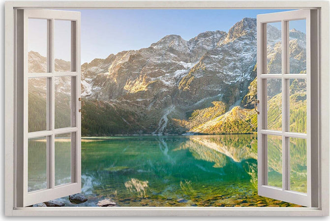 Quadro-su-tela,-Finestra-del-lago-nelle-montagne-Natura