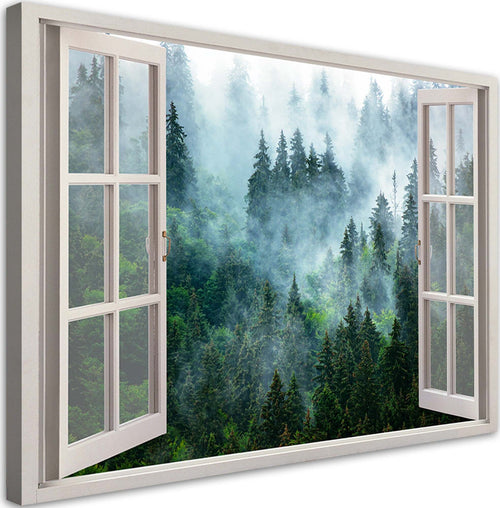 Quadro-su-tela,-Finestra-della-foresta-verde-nella-natura-nebbia