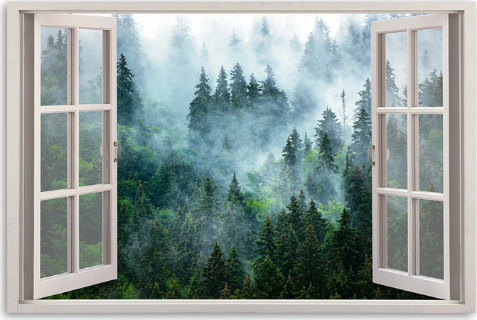 Quadro-su-tela,-Finestra-della-foresta-verde-nella-natura-nebbia