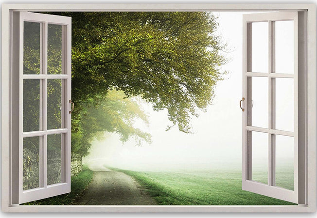 Quadro-su-tela,-Finestra-vista-foresta-verde