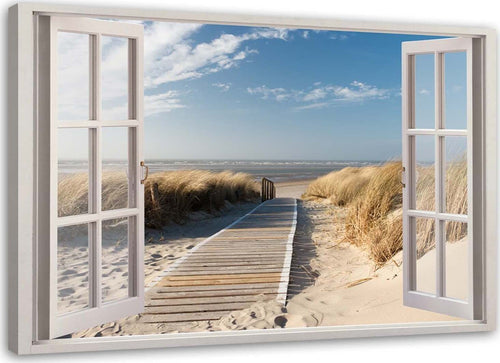Quadro-su-tela-Finestra-vista-spiaggia-mare-Mare-del-Nord