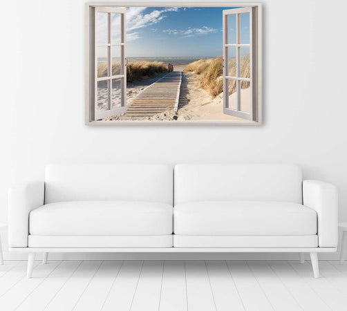 Quadro-su-tela-Finestra-vista-spiaggia-mare-Mare-del-Nord