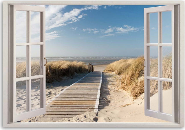 Quadro-su-tela-Finestra-vista-spiaggia-mare-Mare-del-Nord