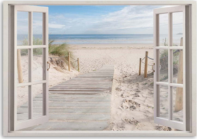 Quadro-su-tela,-Finestra-vista-spiaggia-mare