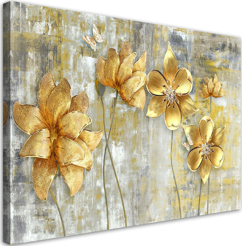 Quadro-su-tela,-Fiori-e-farfalle-dorate