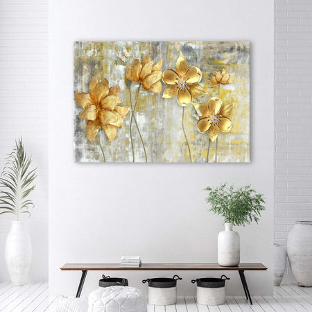 Quadro-su-tela,-Fiori-e-farfalle-dorate