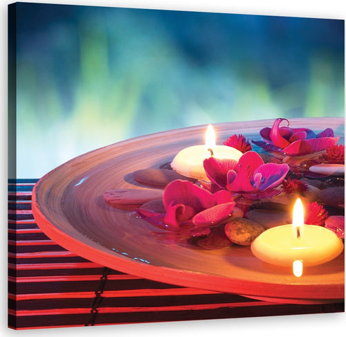Quadro-su-tela,-Fiori-galleggianti-e-pietre-zen