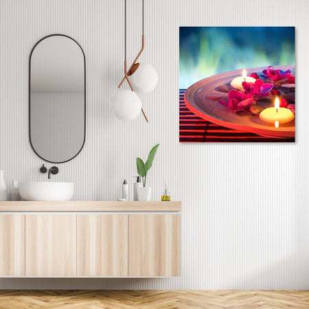 Quadro-su-tela,-Fiori-galleggianti-e-pietre-zen