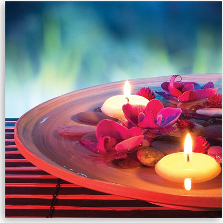 Quadro-su-tela,-Fiori-galleggianti-e-pietre-zen