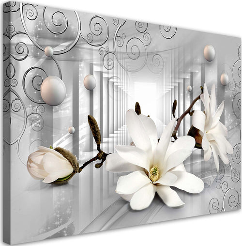 Quadro-su-tela,-Fiori-nel-tunnel-e-palline-3D-d'argento