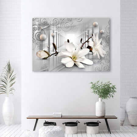 Quadro-su-tela,-Fiori-nel-tunnel-e-palline-3D-d'argento
