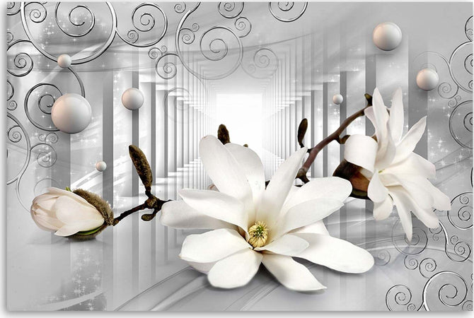 Quadro-su-tela,-Fiori-nel-tunnel-e-palline-3D-d'argento