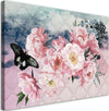 Quadro-su-tela,-Fiori-rosa-e-una-farfalla-nera
