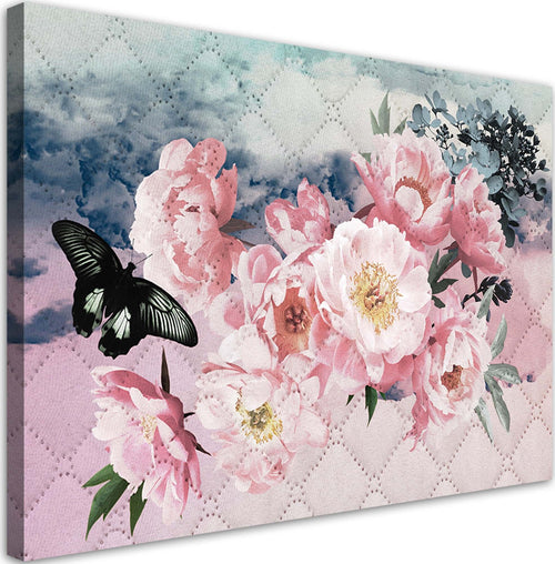 Quadro-su-tela,-Fiori-rosa-e-una-farfalla-nera
