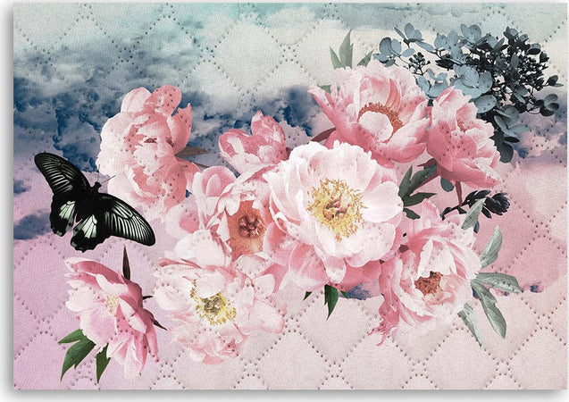 Quadro-su-tela,-Fiori-rosa-e-una-farfalla-nera