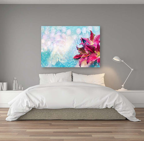 Quadro-su-tela,-Fiori-rosa-su-uno-sfondo-blu