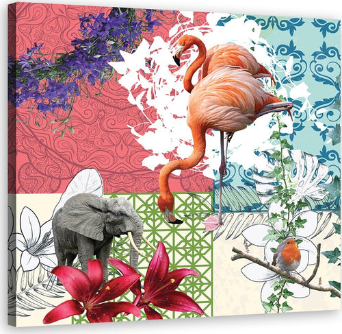 Quadro-su-tela,-Flamingo-Elephant-Bird-Collage