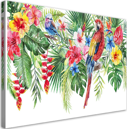 Quadro-su-tela,-Foglie-di-fiori-di-pappagalli-tropicali