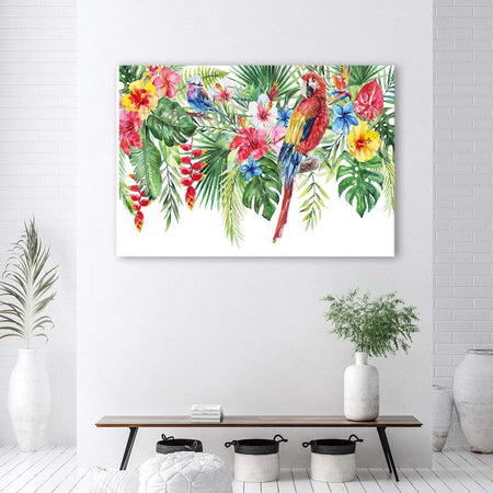 Quadro-su-tela,-Foglie-di-fiori-di-pappagalli-tropicali