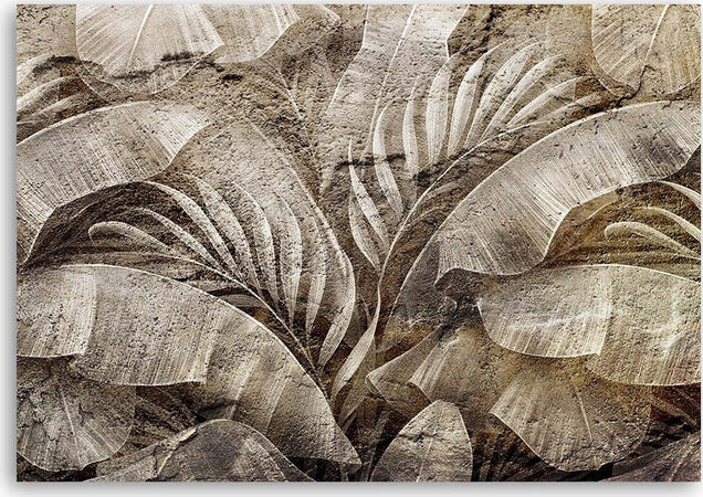 Quadro-su-tela,-Foglie-di-giungla-di-palma-sull'imitazione-del-cemento