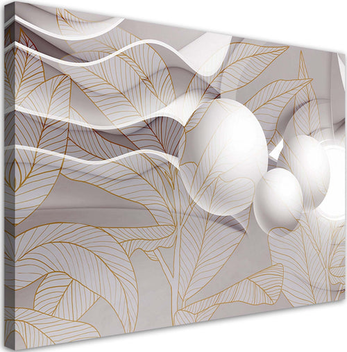 Quadro-su-tela,-Foglie-dorate-e-palline-3d