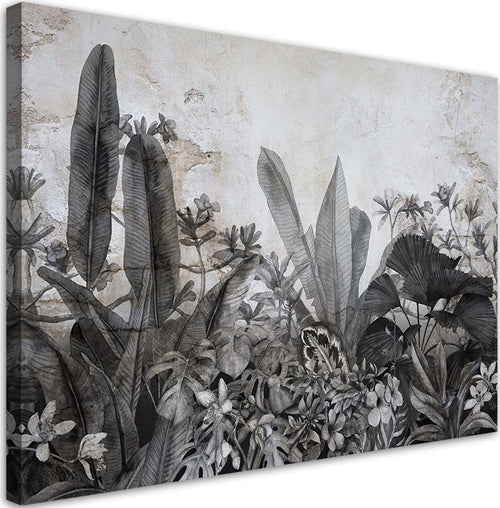 Quadro-su-tela,-Foglie-in-bianco-e-nero-sullo-sfondo-del-cemento