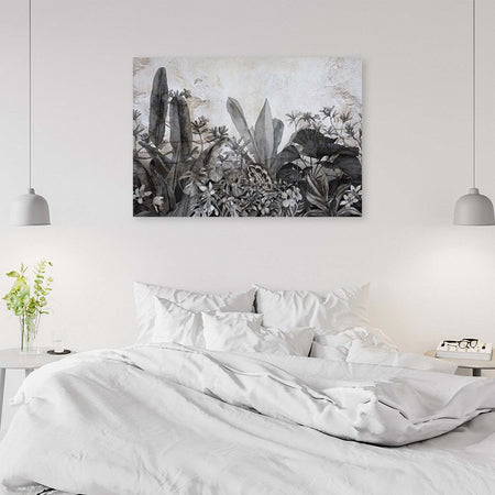 Quadro-su-tela,-Foglie-in-bianco-e-nero-sullo-sfondo-del-cemento