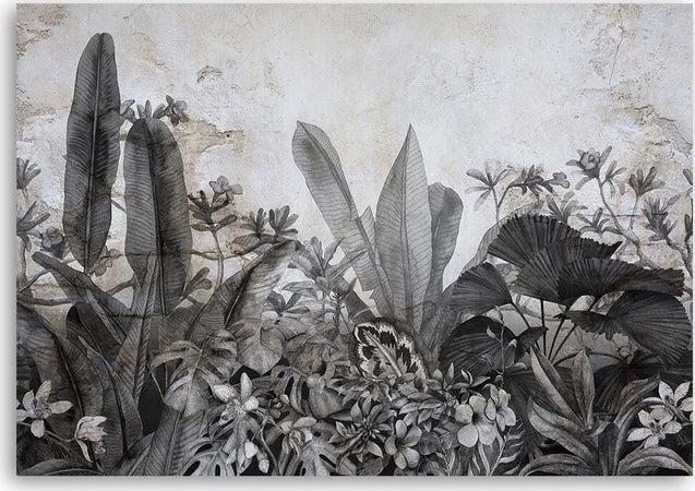 Quadro-su-tela,-Foglie-in-bianco-e-nero-sullo-sfondo-del-cemento